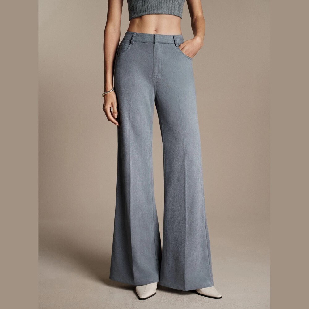Slate Cool Gray High Waist Flare Wide Leg Trousers with Pockets